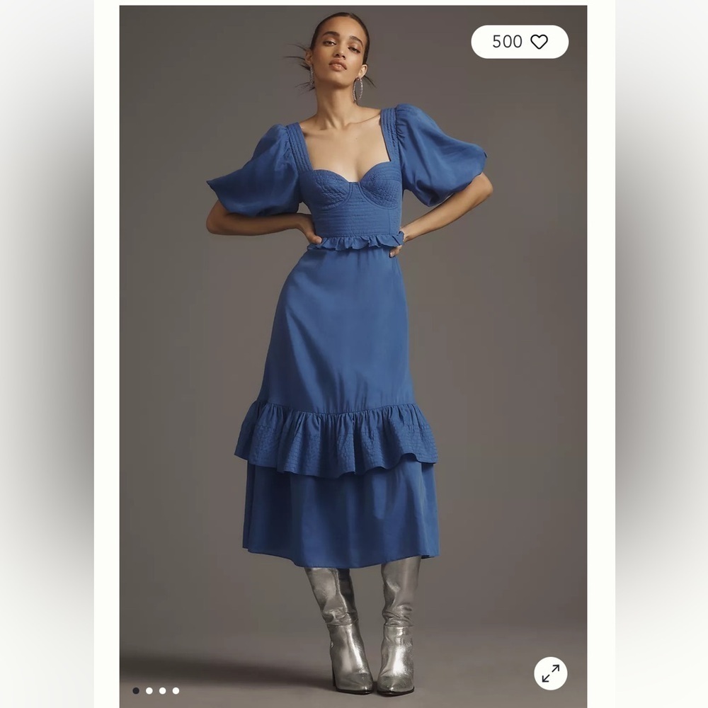 FARM Rio Blue Puff-Sleeve Midi Dress